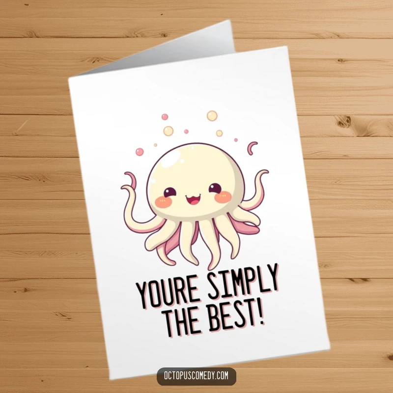 Funny Free Printable Congratulations Card: a round, bubbly creature joyfully drifts upwards with flowing tentacles, celebrating success.