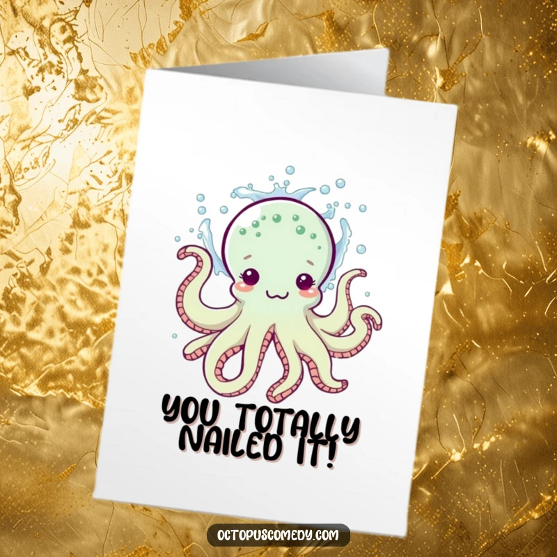 Funny Free Printable Congratulations Card: Playful octopus joyfully splashing water, signaling a celebratory moment.