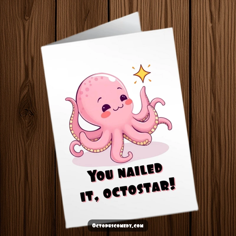 Funny Free Printable Congratulations Card: An excited octopus with many arms pursuing a tiny, energetic sparkle, celebrating success.