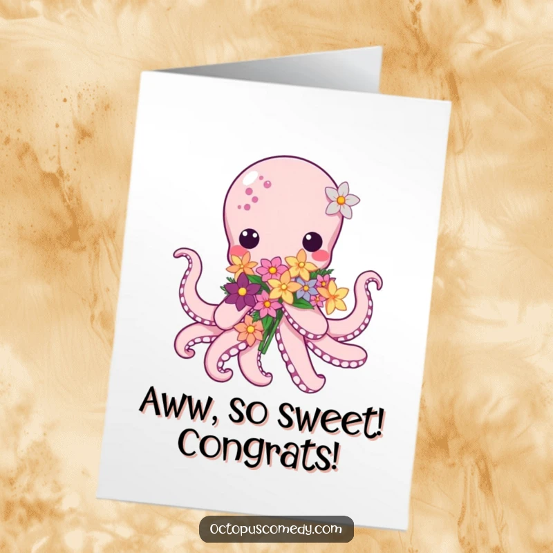 Funny Free Printable Congratulations Card: A kawaii octopus proffering a lovely bunch of sea flowers. A charming downloadable.