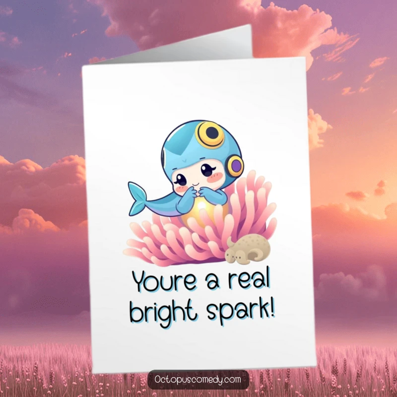 Funny Free Printable Congratulations Card: ocean dweller playfully nudging a bright, glowing anemone, perfect for celebrating.