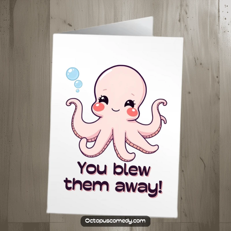 Funny Free Printable Congratulations Card: An octopus with a mischievous grin happily blows iridescent bubbles, signifying celebration.