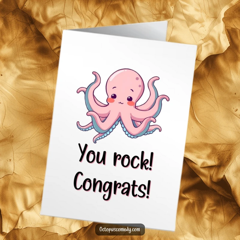 Funny free printable congratulations card, an octopus enthusiastically doing a silly dance, its eight arms in vibrant motion.