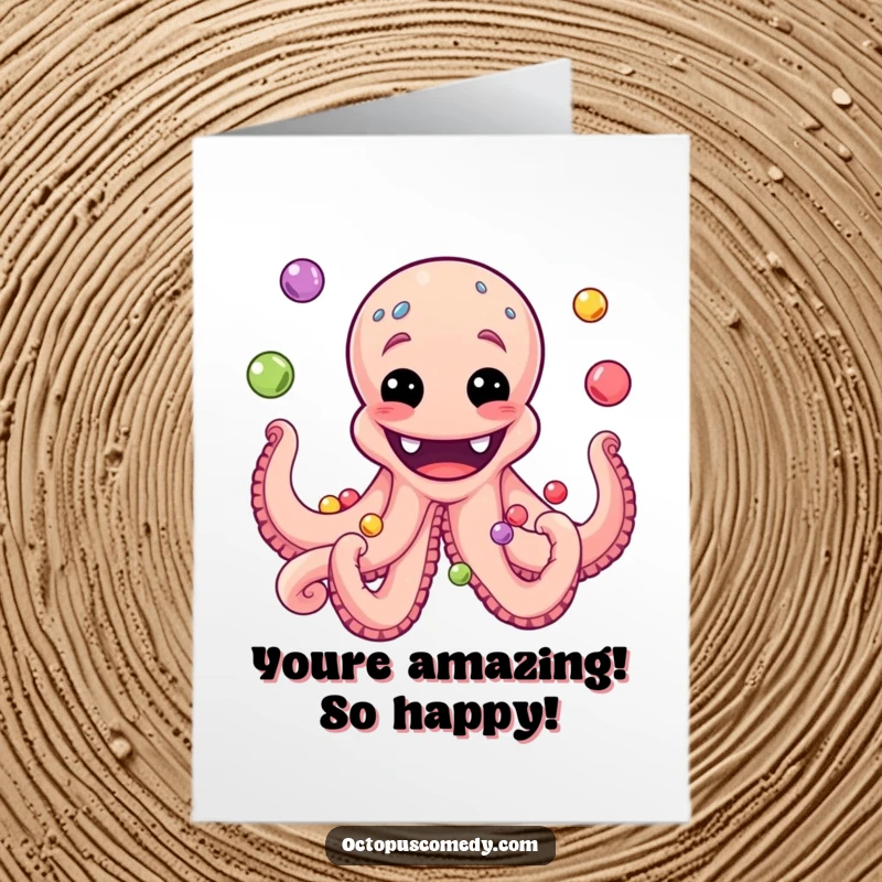 Funny Free Printable Congrats Card: Grinning Octopus Masterfully Juggling a Cascade of Colorful, Gleaming Pearls.