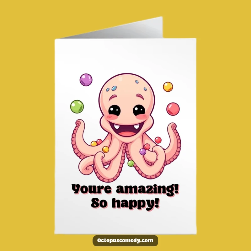 Free Printable Congrats Card: Octopus Juggles Pearls, Cheerful Downloadable Gift