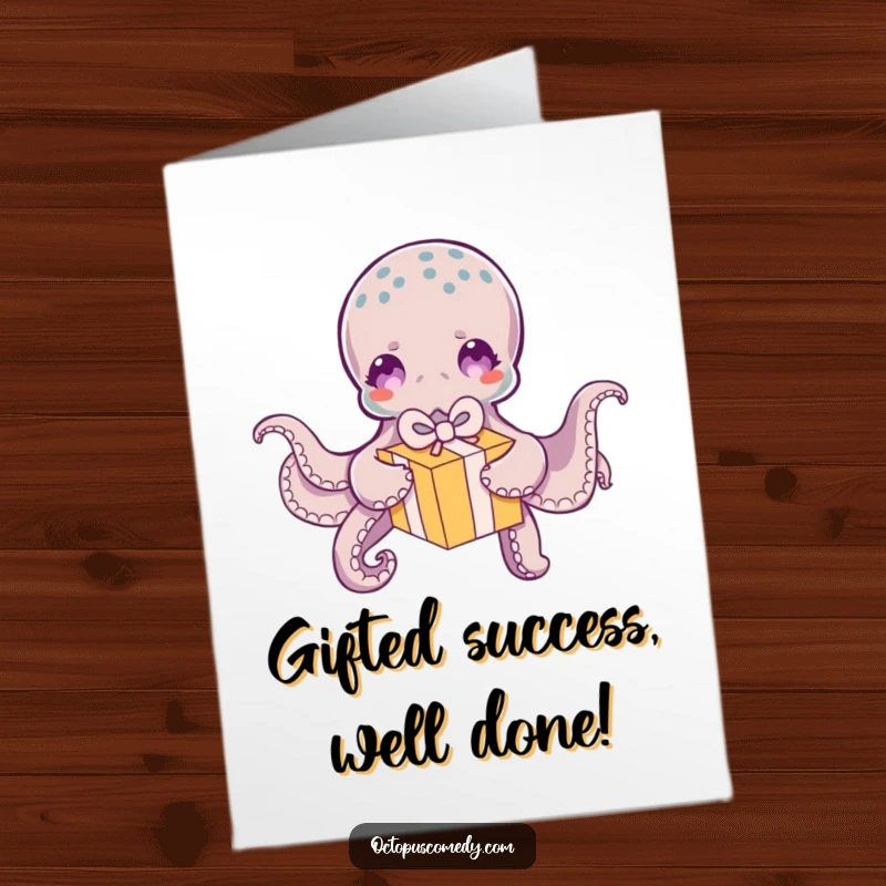 Funny Free Printable Congratulations Card: An octopus excitedly opening a small, vibrant gift box with its many arms, pure delight.