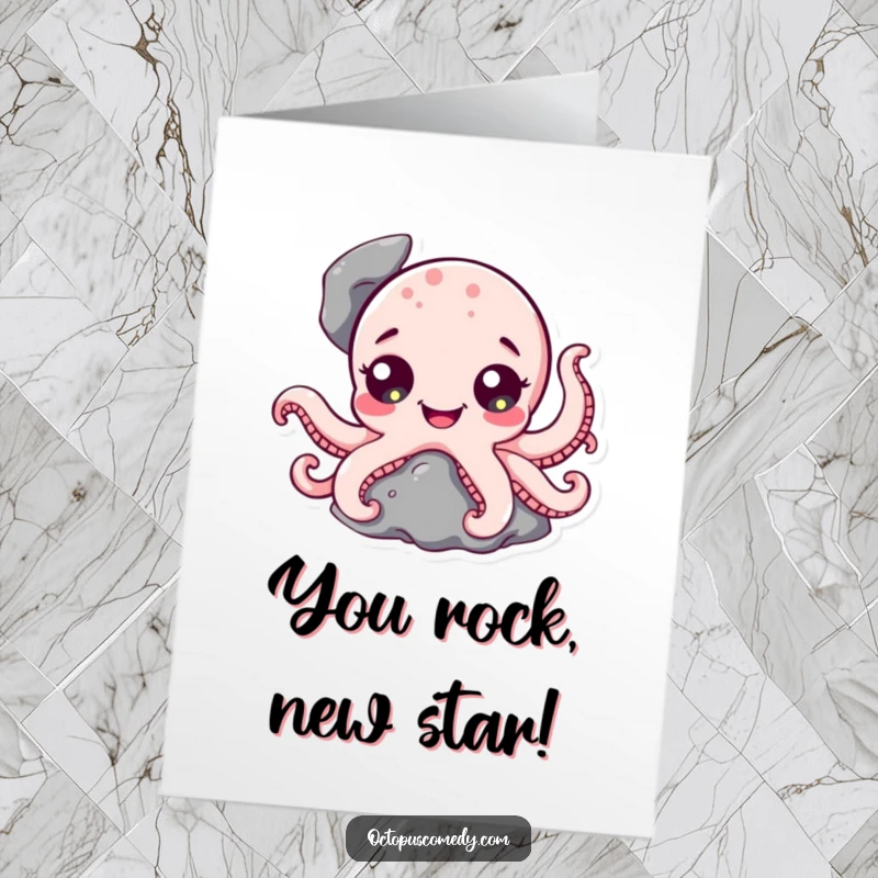 Funny Free Printable Congrats Card: a happy octopus with wide eyes peeking from a rock, celebrating success with delight.