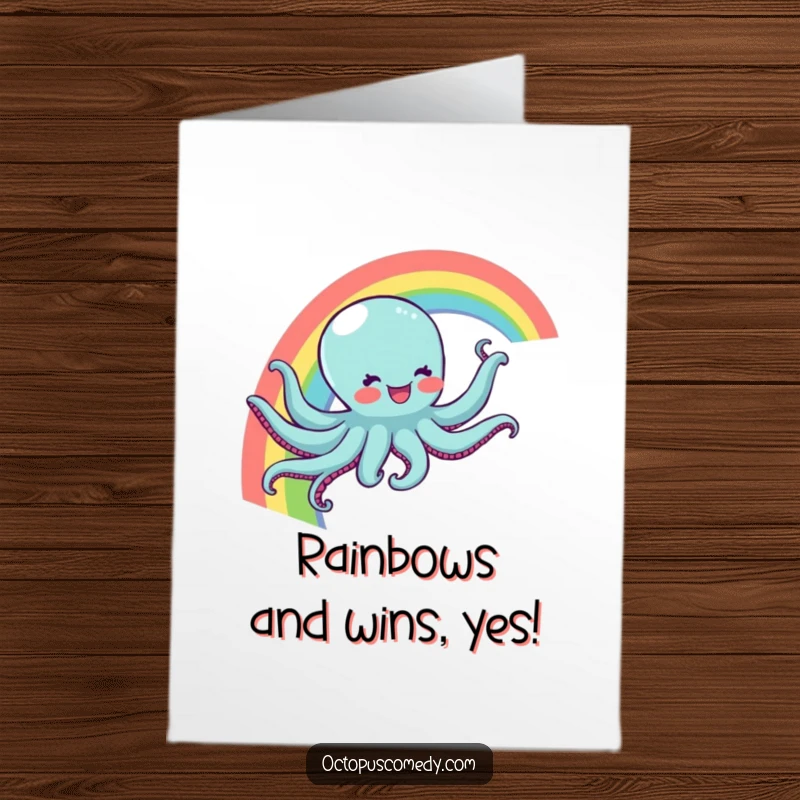 Funny Free Printable Congrats Card: Octopus with a joyful expression sliding down a rainbow, a colorful downloadable message.