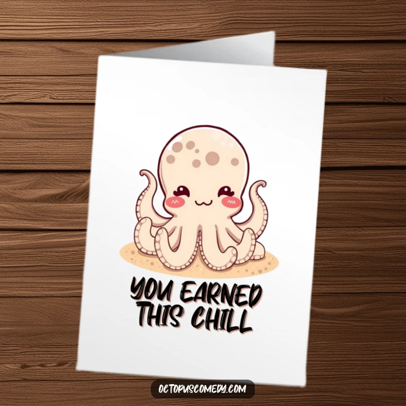 Funny Free Printable Congratulations Card: A content octopus with a satisfied pulse resting comfortably on sand.