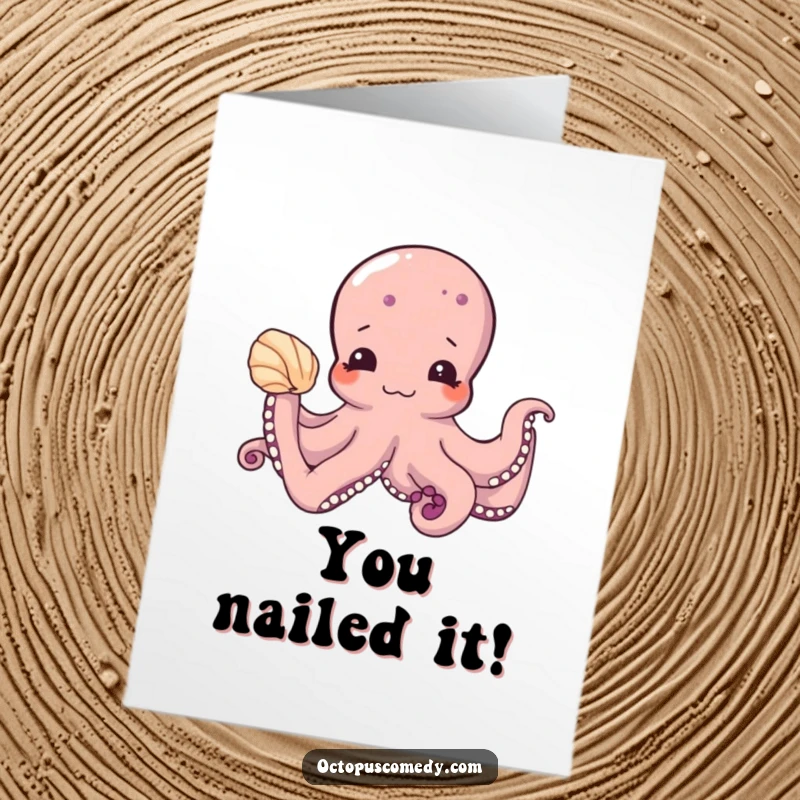 Funny Free Printable Congrats Card: Shy octopus holding a seashell, a sweet and downloadable way to say congratulations.