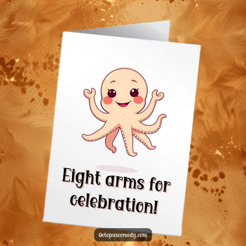 Free Printable Congratulations Card featuring an extremely happy kawaii octopus doing a celebratory jump with a wide, silly grin.