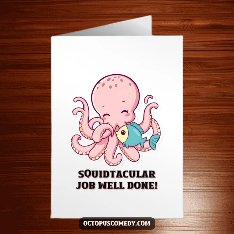 Free Printable Congratulations Card: A happy octopus tickles a small fish, celebrating good news.