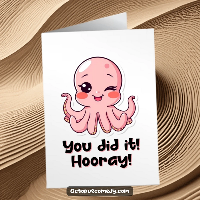 Free Printable Congratulations Card with a friendly octopus winking, sharing in the excitement of their accomplishment.