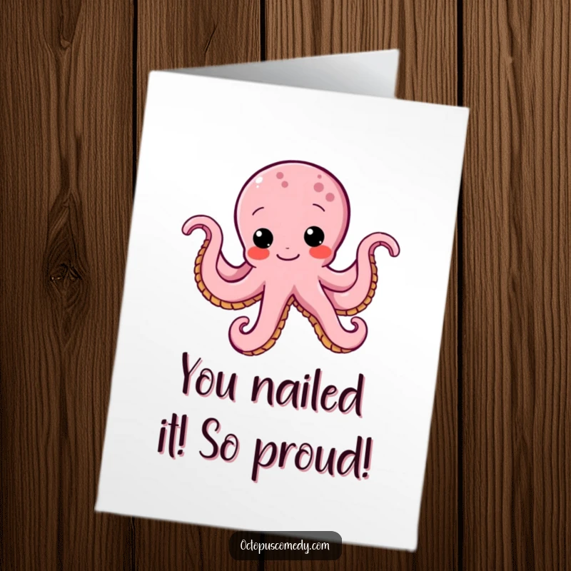 Funny Free Printable Congratulations Card: Joyful octopus wiggling with pride, celebrating a big win.