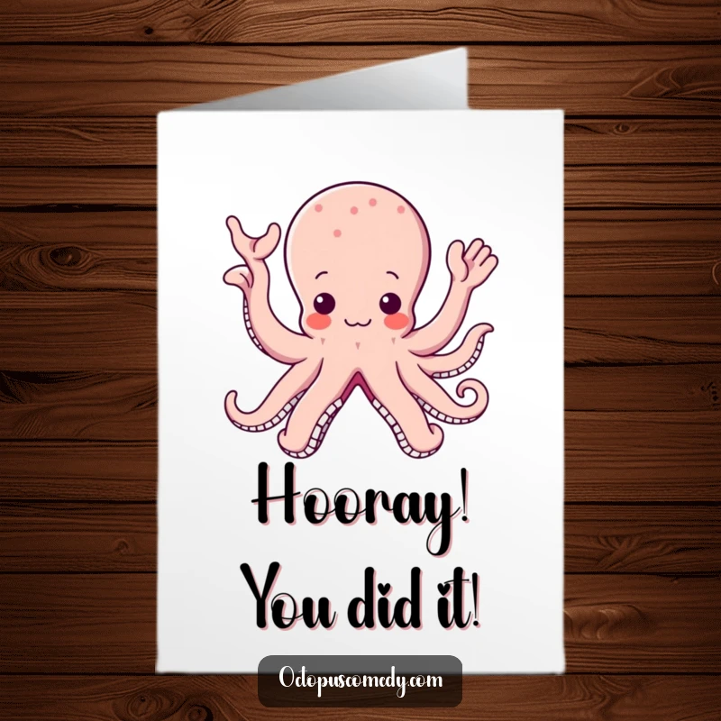 Funny Free Printable Congrats Card: Cute Kawaii Octopus with Multiple Arms Gleefully Waving in Celebration.