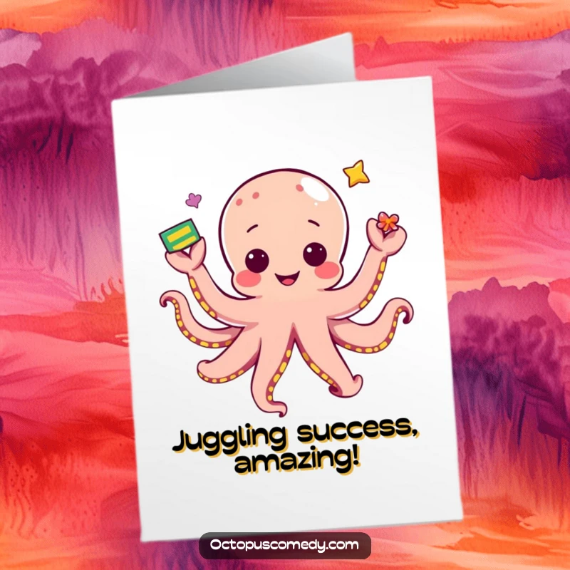 Funny free printable congratulations card: Kawaii octopus juggles colorful items, celebrating a fantastic accomplishment with flair.