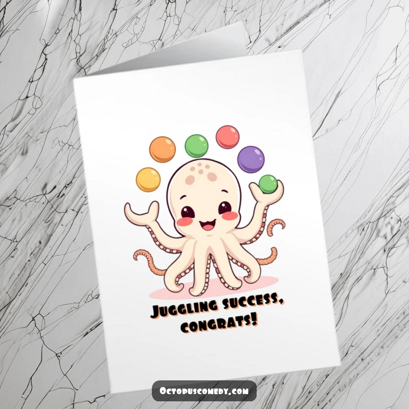 Free Printable Congratulations Card showing a happy octopus expertly juggling eight colorful balls, celebrating success.