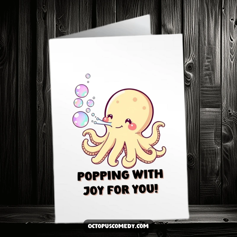 Funny Free Printable Congratulations Card: Kawaii octopus playfully blowing iridescent bubbles to mark a special occasion.
