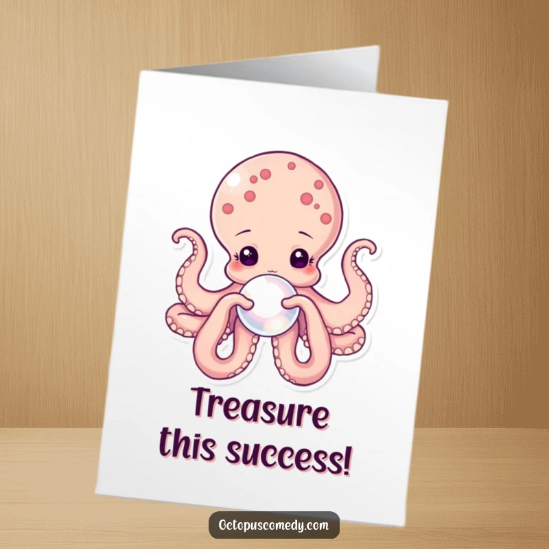 Free Printable Congratulations Card featuring an octopus delicately holding a radiant pearl, symbolizing a valuable accomplishment.