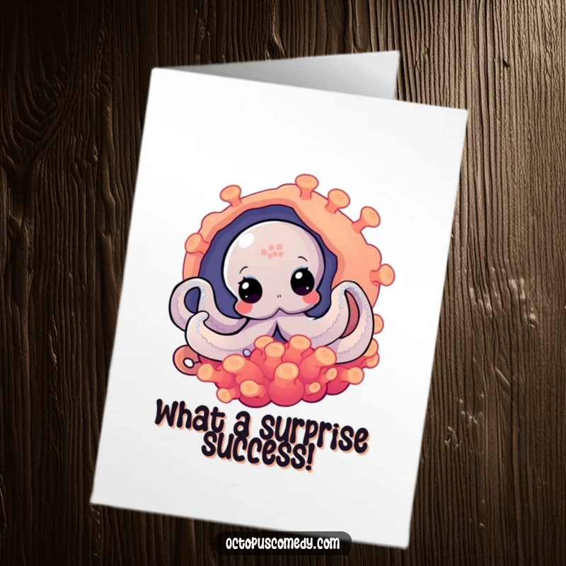 Funny Free Printable Congratulations Card: An octopus with wide eyes curiously observes from behind a striking, vibrant anemone.