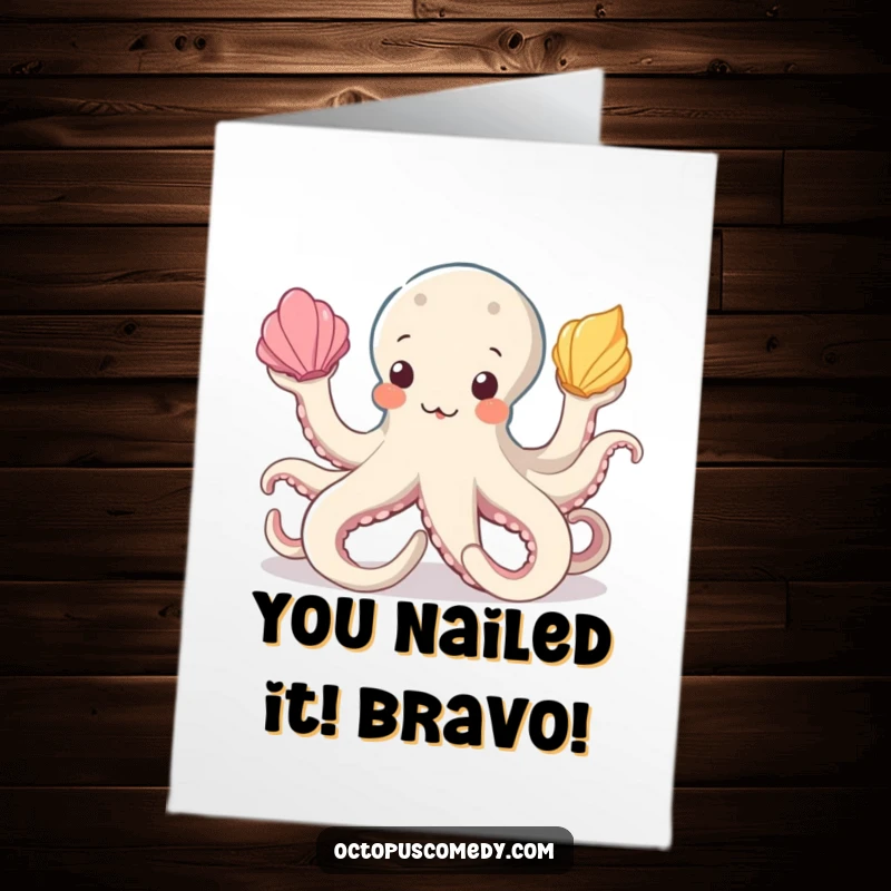 Free Printable Congratulations Card with a cheerful octopus artistically juggling seashells, symbolizing a great accomplishment.