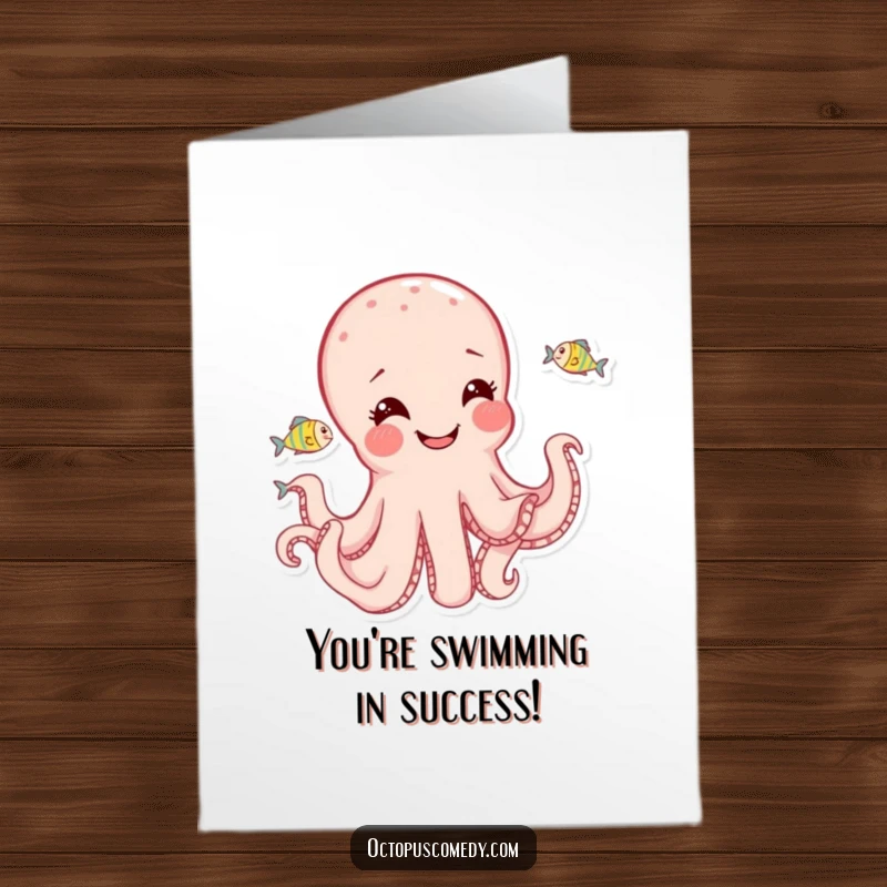 Funny Free Printable Congratulations Card: Joyful octopus playfully chasing tiny fish, a dynamic image of success.