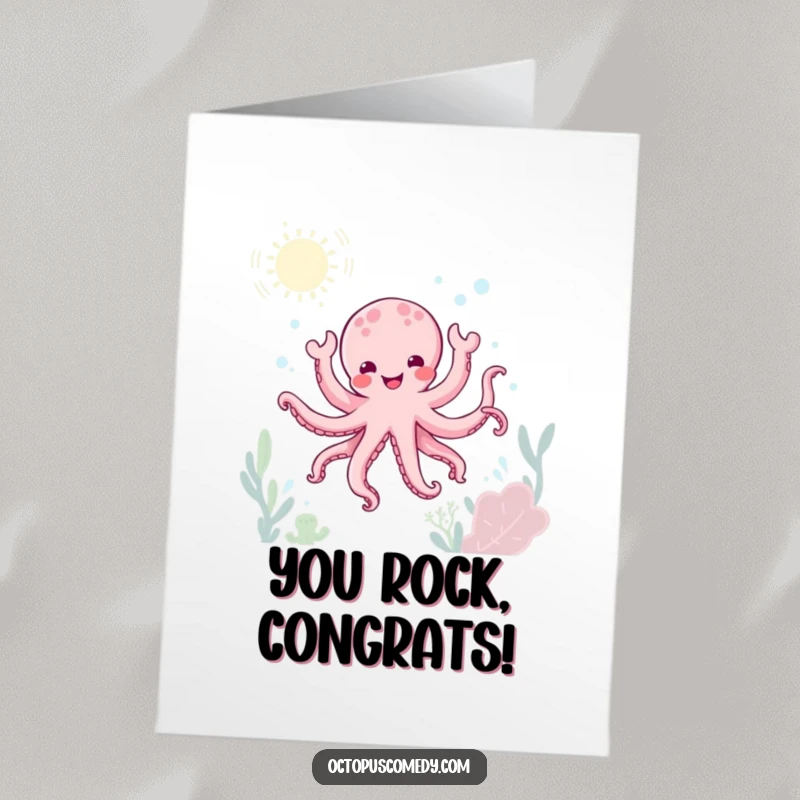 Free Printable Congratulations Card featuring a happy kawaii octopus joyfully dancing underwater, celebrating success with flair.