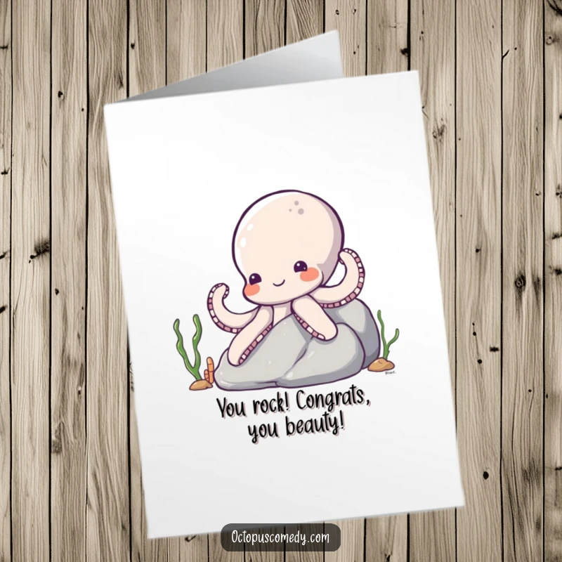 Funny Free Printable Congratulations Card: A shy octopus peeks from its rock, offering a gentle smile to celebrate your success.