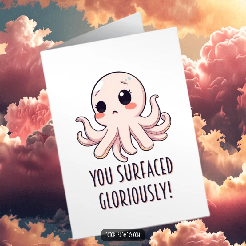 Free Printable Congratulations Card: An octopus looks delightfully surprised as it floats upwards.