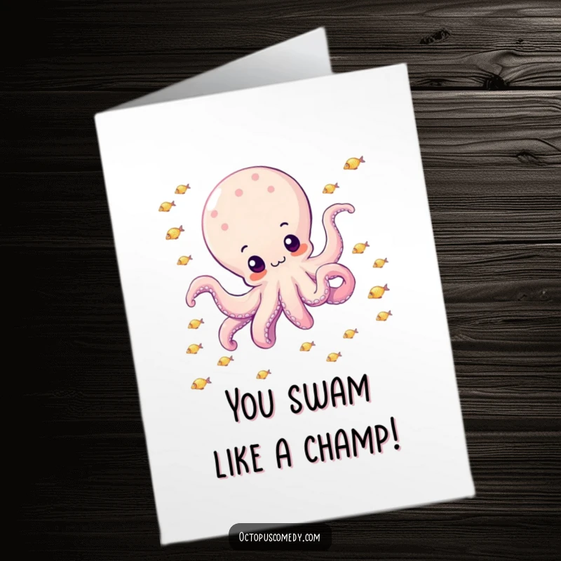 Funny Free Printable Congrats Card: A content octopus drifts happily amidst a multitude of small, glittering fish.