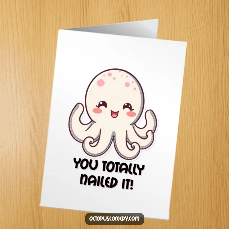 Funny Free Printable Congratulations Card: Kawaii octopus with a wide, delighted smile and sparkling eyes, perfect for celebrating achievements.