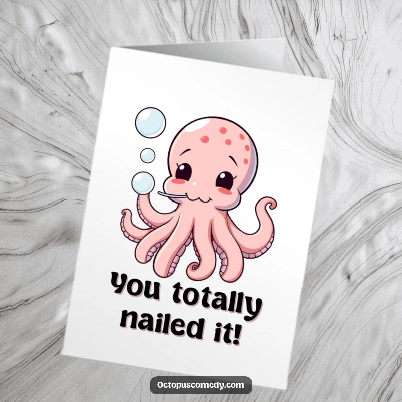 Funny Free Printable Congrats Card: An octopus with a funny face blowing a stream of delightful bubbles.