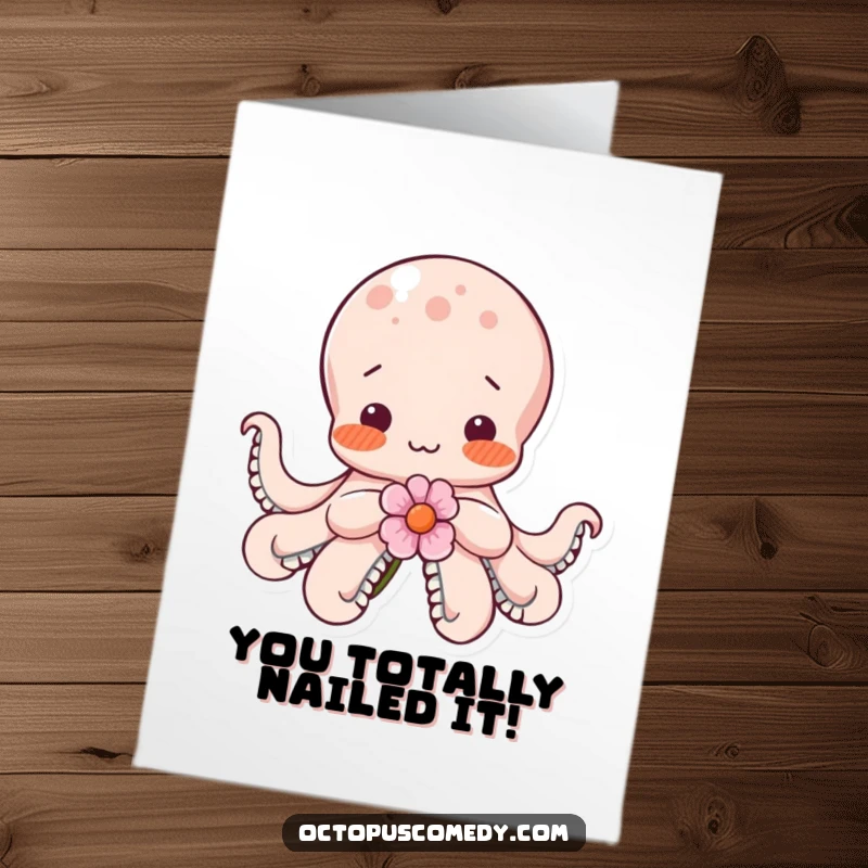 Funny Free Printable Congratulations Card: A shy, blushing octopus tenderly holds a single flower, expressing heartfelt well wishes.