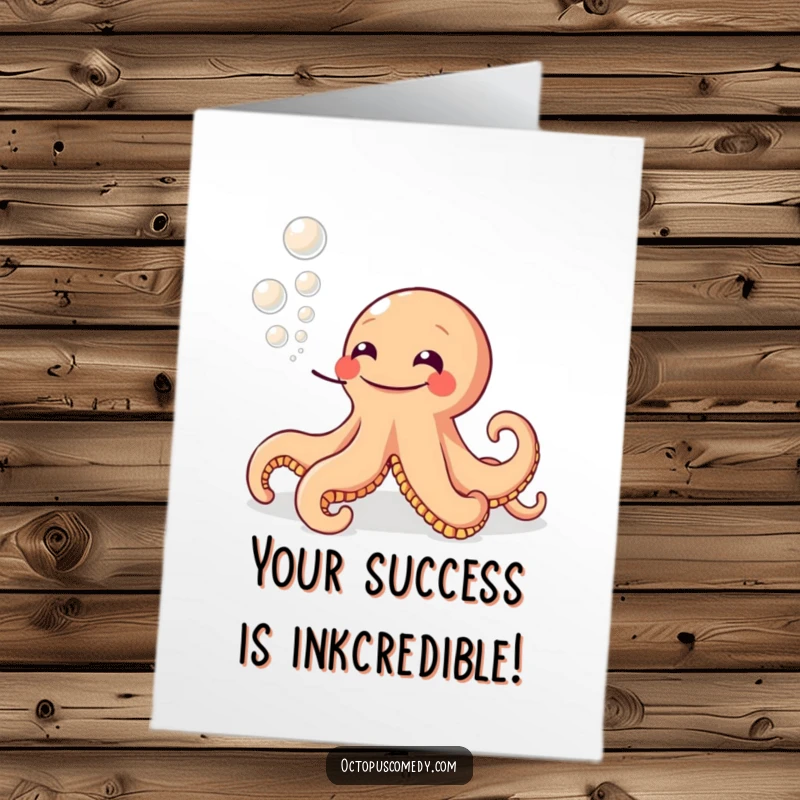 Funny Free Printable Congratulations Card: A happy octopus grinning widely while blowing playful ink bubbles.
