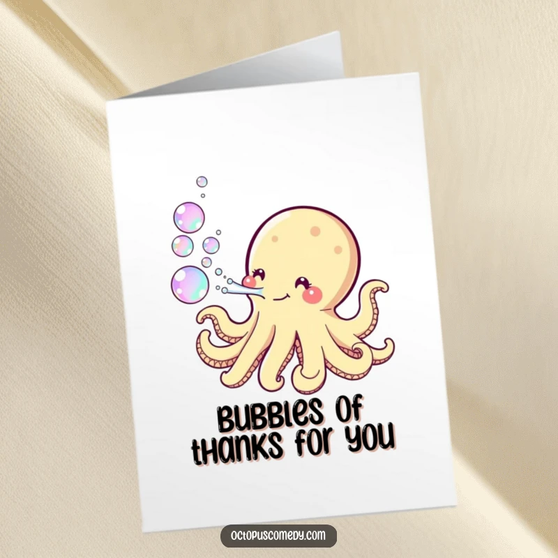 Funny Free Printable Thank You Card: Kawaii octopus blowing iridescent bubbles, sending bubbly thanks.