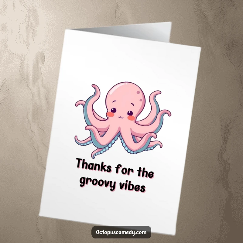Funny free printable thank you card, an octopus in mid-dance with all eight arms moving in a funny, celebratory way.
