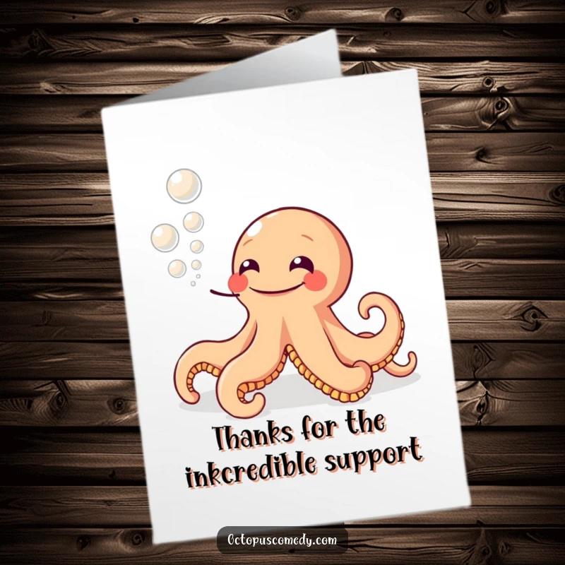 Funny Free Printable Thank You Card: Octopus with a wide grin exhaling a stream of ink bubbles.