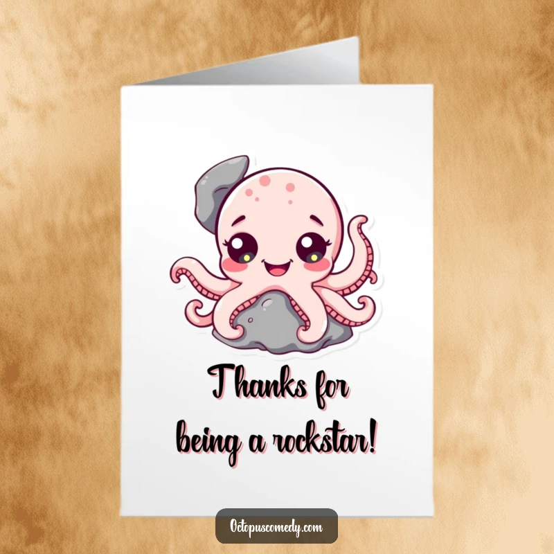 Funny Free Printable Thank You Card of a happy octopus with wide eyes peeking from a rock, conveying thanks.