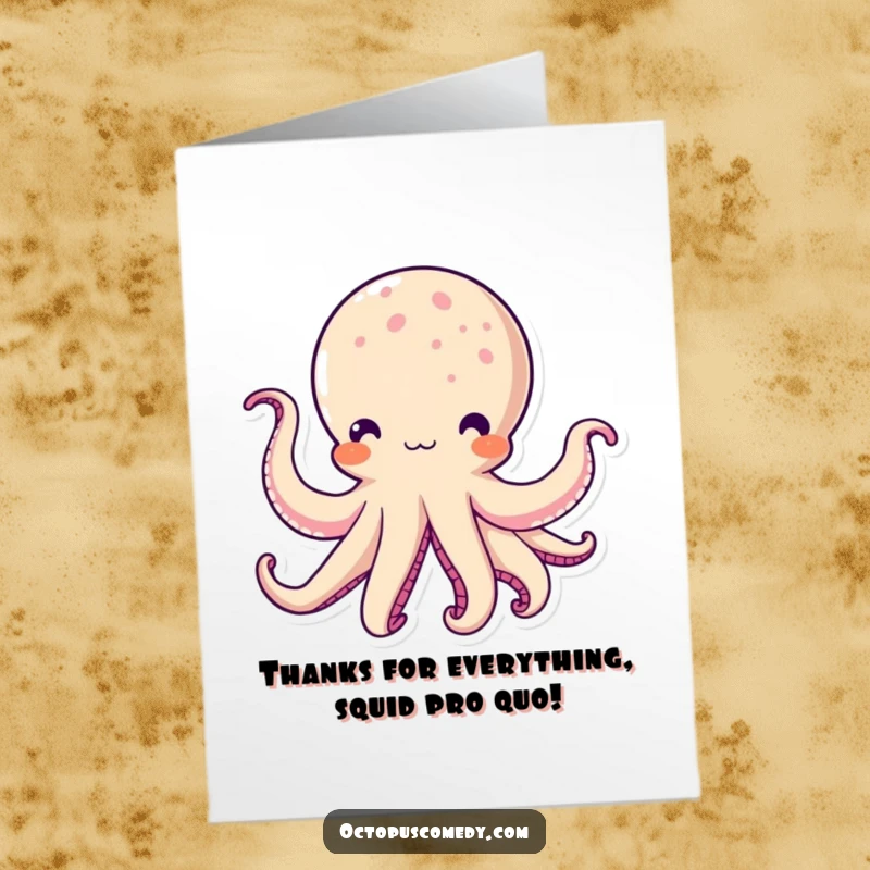 Cute Free Printable Thank You Card featuring a kawaii octopus waving its tentacles to express gratitude, charming and sweet.