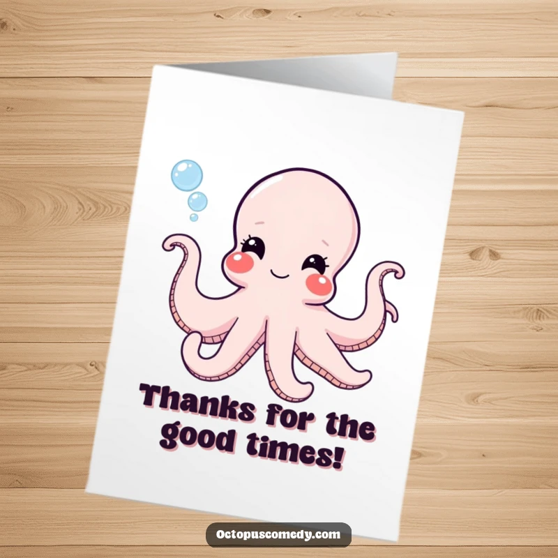 Funny Free Printable Thank You Card: A mischievous Octopus happily blowing bubbles, conveying thanks with a cheerful grin.