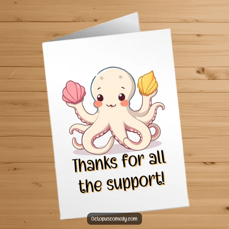 Free Printable Thank You Card showcasing an octopus juggling seashells, expressing thanks in a multi-tasking, delightful manner.