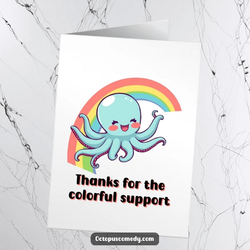 Funny Free Printable Thank You Card: Octopus joyfully sliding down a rainbow, a vibrant downloadable thank you.
