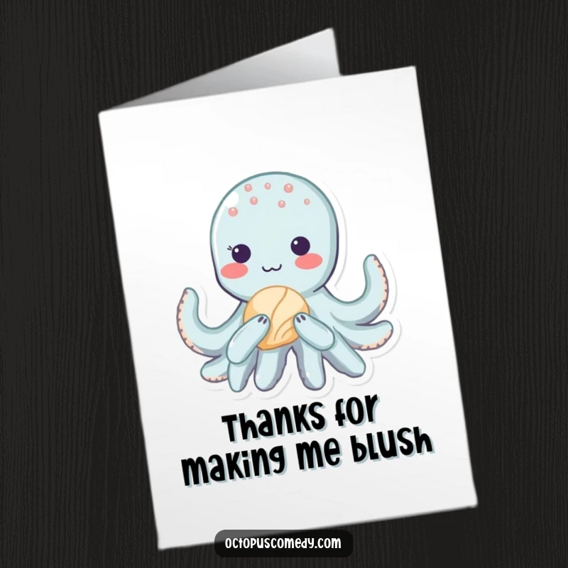 Funny Free Printable Thank You Card: Shy kawaii octopus blushing and holding a seashell, a sweet way to say thanks.