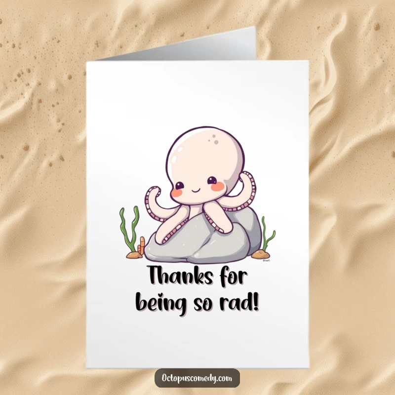 Funny Free Printable Thank You Card: A shy octopus peeks from a rock, offering a small, grateful smile for your kindness.