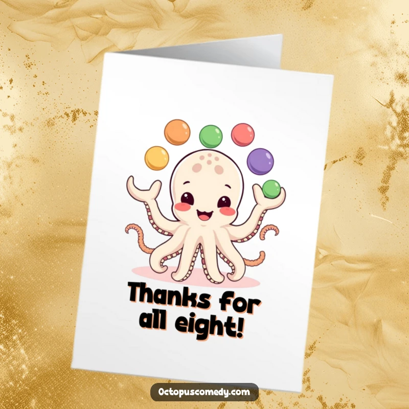 Free Printable Thank You Card of a cheerful octopus with a huge smile, juggling eight colorful balls.