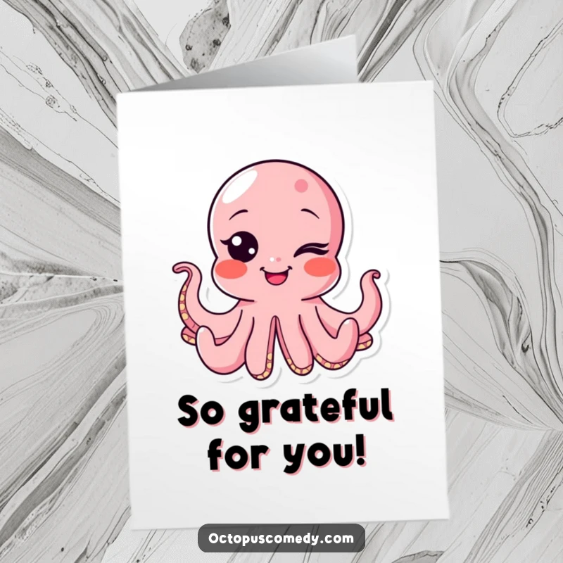 Free Printable Thank You Card showing a cute octopus character with a friendly wink and a bubbly smile, conveying thanks.