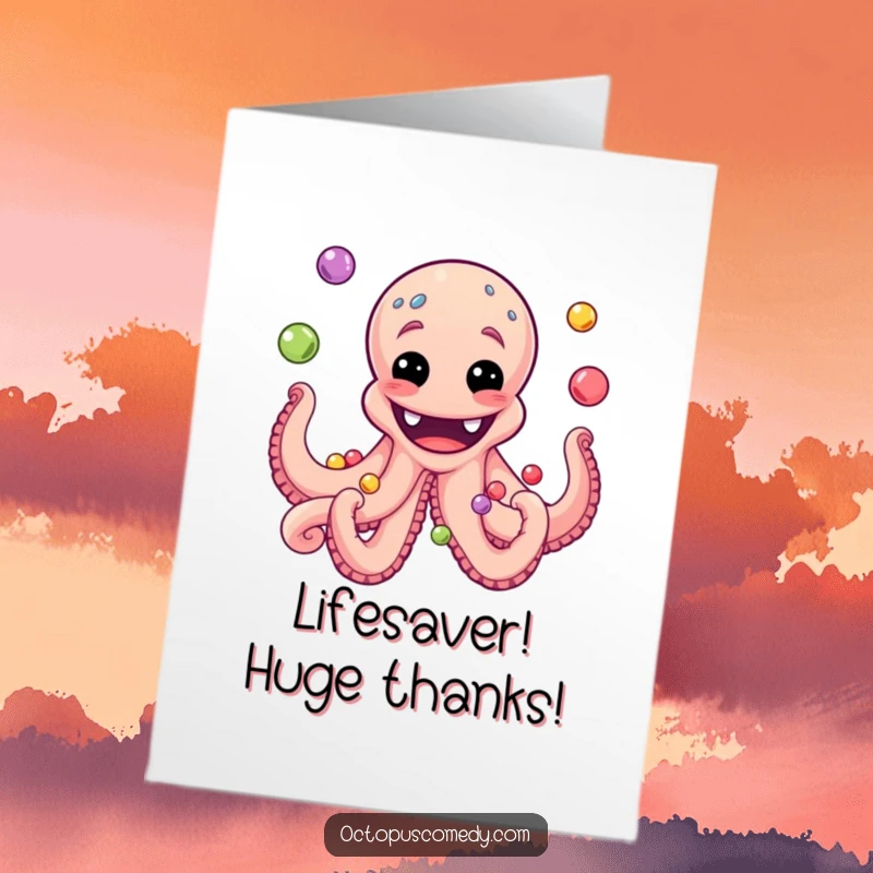 Funny Free Printable Thank You Card: Happy Octopus with a Huge Grin Juggling a Colorful Array of Pearls.