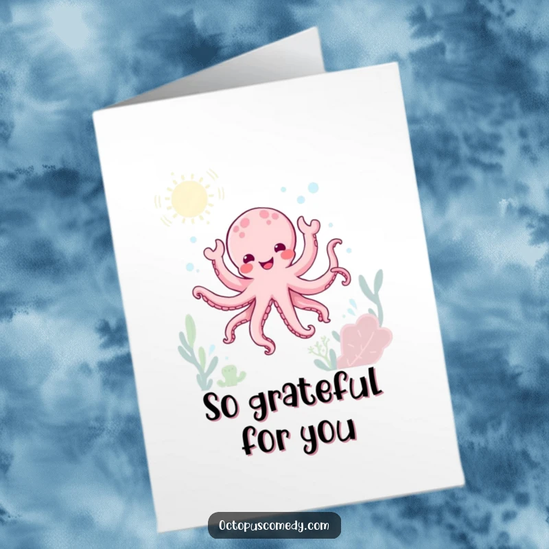 Funny Free Printable Thank You Card of a kawaii octopus doing a happy, energetic little dance beneath the waves.