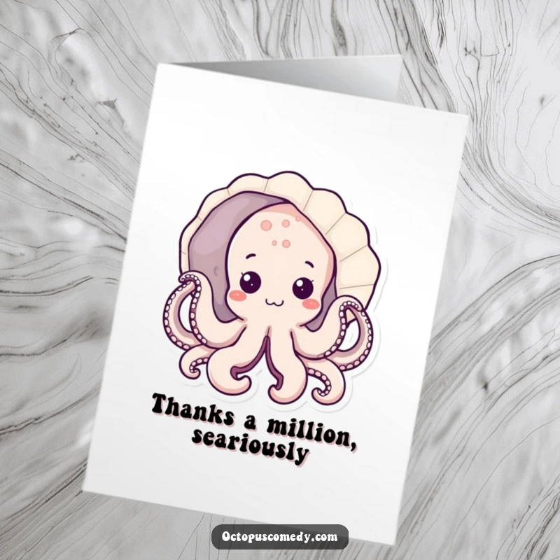Funny Free Printable Thank You Card featuring a shy kawaii octopus peeking from behind a large seashell, spreading thanks.