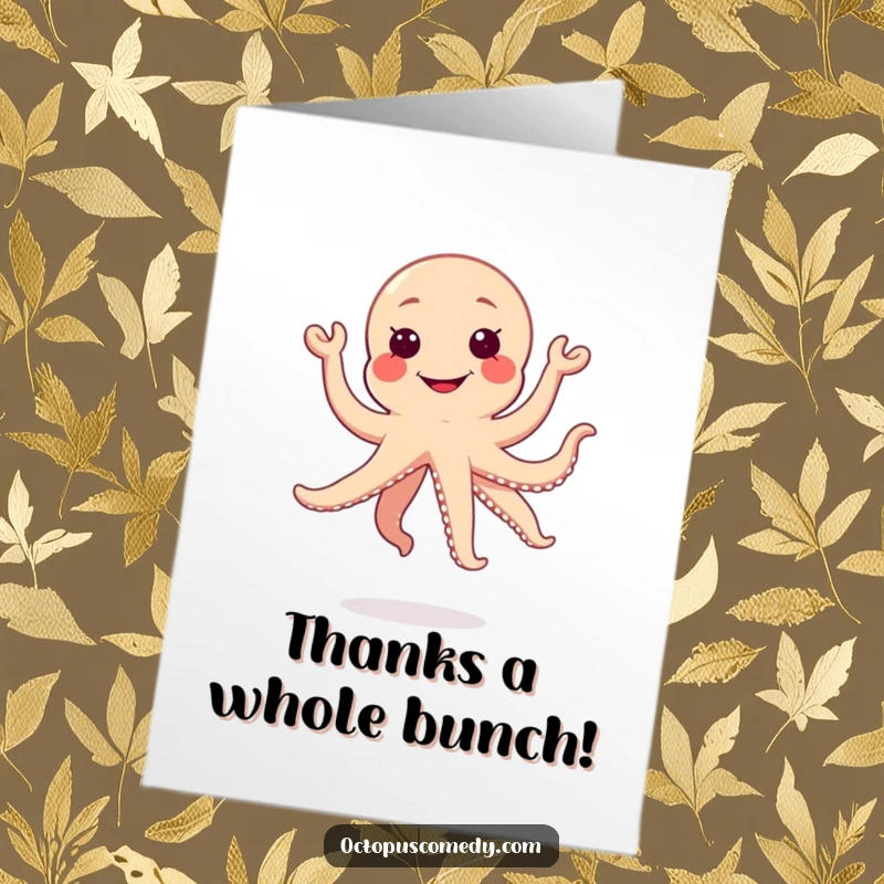 Funny Free Printable Thank You Card of a happy kawaii octopus leaping joyfully with a huge, silly grin.